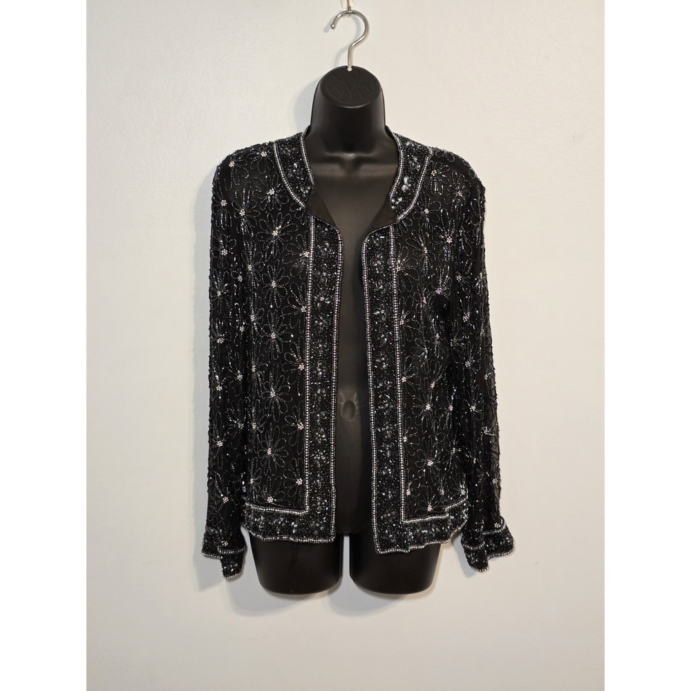 Mark & John By Gopal Jacket Women's Black 100% Silk Beaded Floral Print Size L